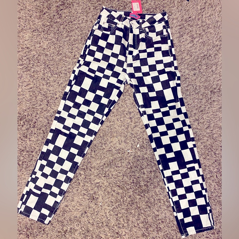 Edikted Black white checkerboard straight leg pants high waist